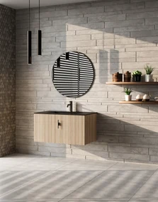 Muebles Raya badmeubel ribbelfront 80cm naturel eiken met zwarte wastafel met kraangat