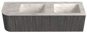 Mondiaz Kurve-dlux 155cm badmeubel ronding links shadow met 2 lades en 1 deur en wastafel leaf dubbel/rechts zonder kraangat ostra