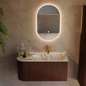 Mondiaz Kurve-dlux 95cm badmeubel ronding links ruby met 1 lade en deur en wastafel big small kraangat rechts glace