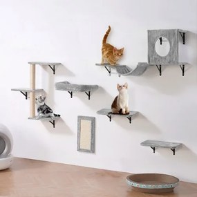 VEVOR Wandgemonteerde Kattenplanken, Kattenwandplanken en Zitstokken met Springplanken, Hangmat, Bank, Krabpaal & Kattengreep, Kattenmeubels en Planken tot 18 kg voor Slapen, Spelen, Klimmen, Set van 6