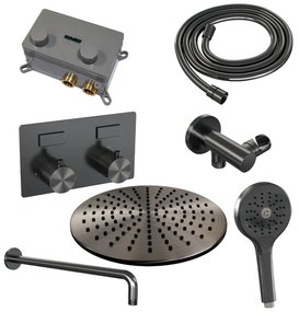 Brauer Gunmetal Carving thermostatische inbouw regendouche met 3 standen handdouche, gebogen muurarm en hoofddouche 30cm set 58 gunmetal geborsteld PVD