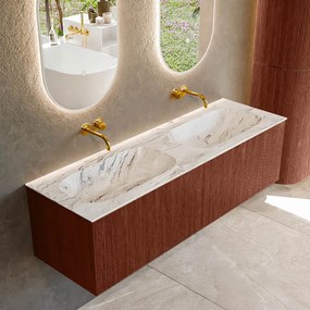 Mondiaz Kurve-dlux 150cm badmeubel ruby met 2 lades en wastafel stor small dubbel zonder kraangat glace