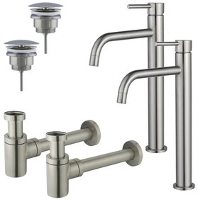 Fortifura Calvi Slim Wastafelkraanset - voor dubbele wastafel - verhoogde wastafelkraan - always open plug - verlaagde design sifon - Geborsteld RVS PVD (RVS) 2x SW377859/2x SW696207/2x SW696217