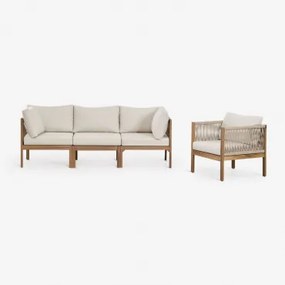 Tuinset Met 3-delige Modulaire Bank Met Armleuningen En Fauteuil Van Acaciahout Branson Wit Gardenia - Bruin Acacia - Sklum