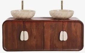 Dubbel Zwevend Badkamermeubelset 130x45 Cm Van Mangohout En Natuurlijke Kivalina-steen Travertijn - Donker Mangohout & 2 X Ronde Travertijn Ø40 -