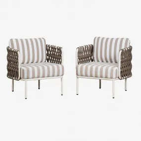 Set Van 2 Tuinstoelen Van Aluminium En Gevlochten Touw Tevary Gardenia Wit & Stoff Mokka Bruin - Wit Gardenia - Sklum