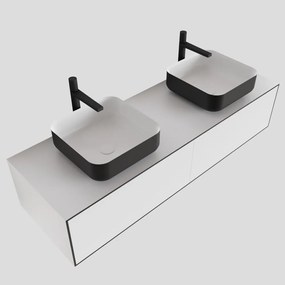 Zaro Lagom volledig naadloos solid surface onderkast met topblad 140cm mat zwart met 2 lades Push tot open. Compleet met solid surface opzetkom met 2 kraangat(en)