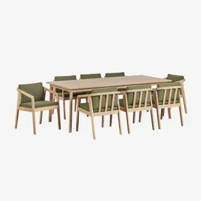 Kaela Rechthoekige Tafelset (220x100 Cm) En 8 Acaciahouten Eetkamerstoelen Lichte Acaciekleur & Bouclé Leger Groen - Sklum