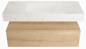 Mondiaz Alan DLux badmeubel 110cm washed oak 1 lade met wastafel ostra midden zonder kraangat