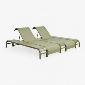 Set Van 2 Verstelbare Ligstoelen En 3 Bijzettafels Van Staal Marietta Groen – Intens Olijf - Sklum