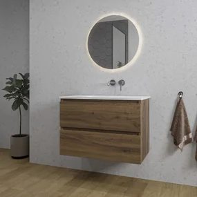 Adema Chaci Badkamermeubelset - 80x46x55cm - 1 keramische wasbak wit - zonder kraangaten - 2 lades - ronde spiegel met verlichting - noten (hout) SW1212764/SW773926/SW108328
