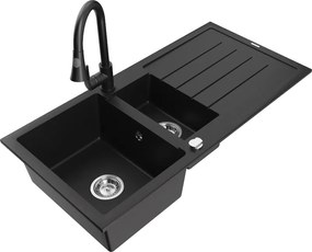 Mexen Andres granieten gootsteen 1,5-compartiment met druiprek en keukenmengkraan Elia, zwart - 6515-77-670101-70