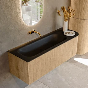 Mondiaz Kurve 135cm badmeubel ronding rechts oak met 1 lade en deur en wastafel big medium links zonder kraangat urban