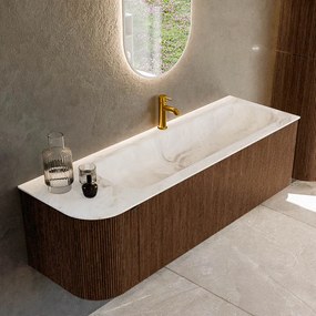 Mondiaz Kurve-dlux 145cm badmeubel ronding links walnut met 1 lade en deur en wastafel big large kraangat rechts frappe
