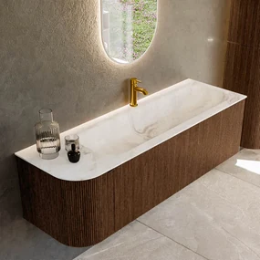 Mondiaz Kurve-dlux 145cm badmeubel ronding links walnut met 1 lade en deur en wastafel big large kraangat rechts frappe