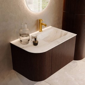 Mondiaz Kurve-dlux 75cm badmeubel ronding links ruby met 1 lade en deur en wastafel grunne kraangat rechts opalo