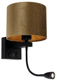 Wandlamp zwart met velours kap brons 18cm - Brescia