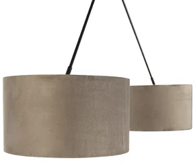 Stoffen Eettafel / Eetkamer Hanglamp zwart met velours kappen taupe met goud 35 cm 2-lichts - Blitz Landelijk / Rustiek, Landelijk E27 cilinder / rond rond Binnenverlichting Lamp