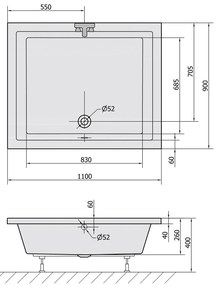 Polysan Deep rechthoekige douchebak met steun 110x90x26cm wit