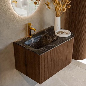 Mondiaz Kurve-dlux 75cm badmeubel ronding rechts walnut met 1 lade en deur en wastafel grunne kraangat links lava