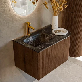 Mondiaz Kurve-dlux 75cm badmeubel ronding rechts walnut met 1 lade en deur en wastafel grunne kraangat links lava