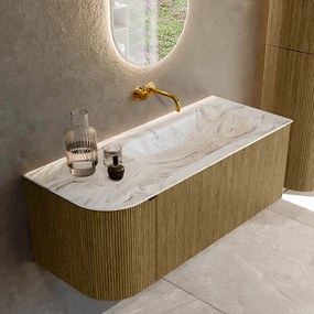 Mondiaz Kurve-dlux 115cm badmeubel ronding links dusk met 1 lade en deur en wastafel big small rechts zonder kraangat glace