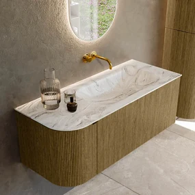 Mondiaz Kurve-dlux 115cm badmeubel ronding links dusk met 1 lade en deur en wastafel big small rechts zonder kraangat glace