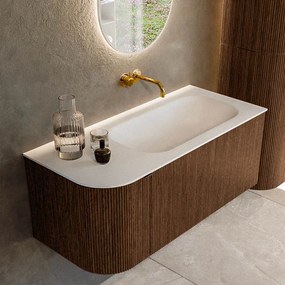 Mondiaz Kurve 105cm badmeubel ronding links walnut met 1 lade en deur en wastafel big small rechts zonder kraangat
