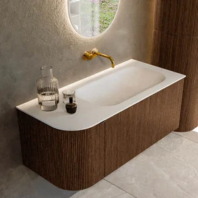 Mondiaz Kurve 105cm badmeubel ronding links walnut met 1 lade en deur en wastafel big small rechts zonder kraangat