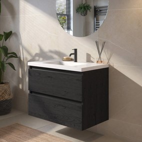 Saqu Gaia badmeubel incl. glans witte wastafel 80x52x64cm eiken zwart – zwarte greeplijst