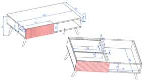 Salontafel BARCELLONI 2S Wit mat/gouden poten - TAFEL MET LADEN EN GERIBBELDE VOORPANELEN