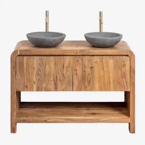 Vacry Houten Badkamermeubelset Acacia Bruin & 2 X Ronde Grijze Cement Ø40 Cm Tarsis & Spiegelloze & ↔︎ 120 Cm & 2 X Geborsteld Goudkleur - Sklum