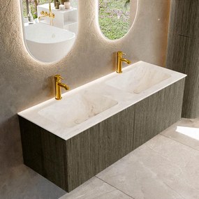 Mondiaz Kurve-dlux 130cm badmeubel shadow met 2 lades en wastafel leaf dubbel 2 kraangaten frappe