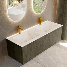 Mondiaz Kurve-dlux 130cm badmeubel shadow met 2 lades en wastafel leaf dubbel 2 kraangaten frappe