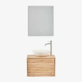 Deleyna Wandgemonteerde Houten Badkamermeubelset Natuurlijk Hout & Rond Cement Wit Ø40 Cm Zavion & Rechthoekige Led En Anticondens 60x70 Cm Tamsin -