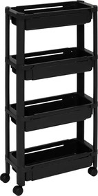 5Five Smalle keuken/badkamer trolley– 4-laags – L37xB15xH79 cm – Zwart – Uitschuifbaar – Met wielen