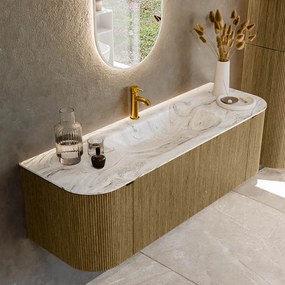Mondiaz Kurve-dlux 140cm badmeubel ronding links/rechts dusk met 1 lade en 2 deuren en wastafel big small midden 1 kraangat glace