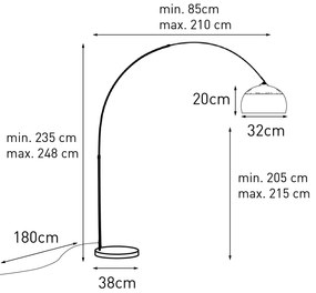 Moderne booglamp messing met marmeren voet en zwarte kap 32,5 cm - XXL