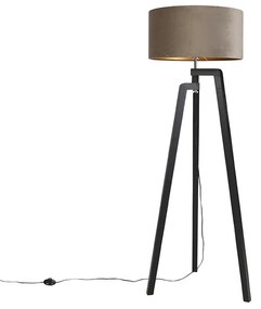 Vloerlamp tripod zwart met taupe kap en goud 50 cm - Puros Landelijk / Rustiek E27 cilinder / rond Binnenverlichting Lamp