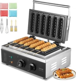 VEVOR Commercieel Wafelijzer Wafelmaker 6-delige Set 1500W, Anti-aanbaklaag Roestvrijstalen Wafelijzer voor Maïs Hotdogs met Temperatuur- en Tijdregeling, voor Restaurants, Bakkerijen, Snackbars en Gezinnen