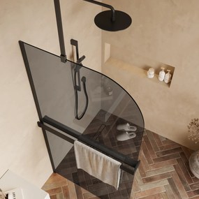 Saniclear Eclipse afgeronde inloopdouche 100cm mat zwart met rookglas en handdoekhouder