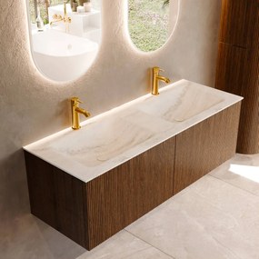 Mondiaz Kurve-dlux 130cm badmeubel dusk met 2 lades en wastafel leaf dubbel 2 kraangaten opalo