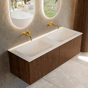 Mondiaz Kurve 130cm badmeubel walnut met 2 lades en wastafel cloud dubbel zonder kraangat