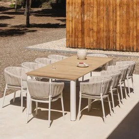 Set Van Een Rechthoekige Tafel 220x100 Cm In Aluminium En Sirka Teakhout En 10 Tuinstoelen In Aluminium En Roderise-stof Wit & Stof Zandbruin - Sklum