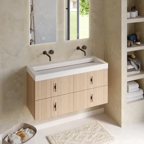 Muebles Estella badmeubel ribbelfront 120cm naturel eiken met solid surface wastafel zonder kraangaten
