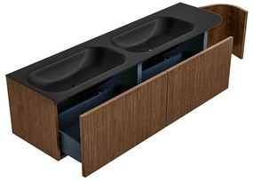 Mondiaz Kurve 165cm badmeubel ronding rechts walnut met 2 lades en 1 deur en wastafel big small dubbel/links 2 kraangaten urban