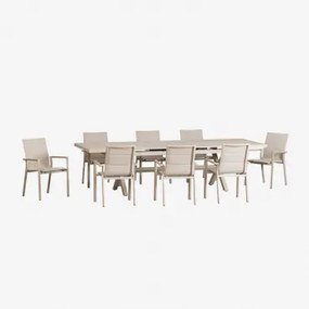 Karena Rechthoekige Uitschuifbare Tafelset 240-300x100 Cm En 8 Stapelbare Tuinstoelen Met Aluminium Armleuningen Tapioca Beige - Sklum