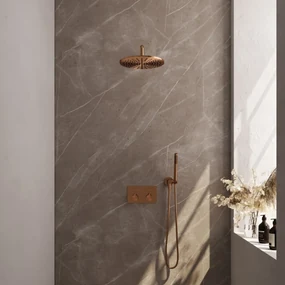 Brauer Copper Edition thermostatische inbouw regendouche met staafhanddouche, gebogen muurarm en hoofddouche 30cm set 52 koper geborsteld PVD
