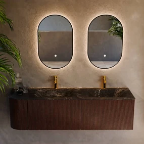 Mondiaz Kurve-dlux 155cm badmeubel ronding links ruby met 2 lades en 1 deur en wastafel leaf dubbel/rechts 2 kraangaten lava