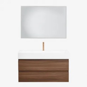 Badkamermeubelset Van Hout En Essenhoutfineer Met Geïntegreerde Wastafel Ona Donker Hout & Rechthoekige Led En Anticondens 100x70 Cm Riben - Sklum